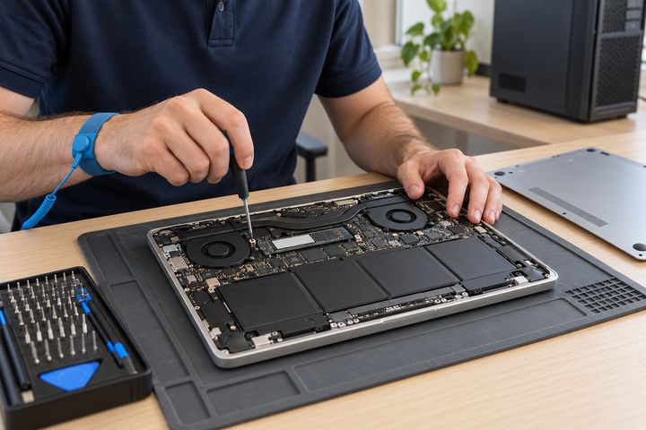 A technician working inside an open laptop