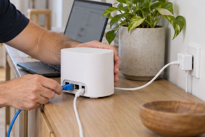 A technician plugging a network cable into a router